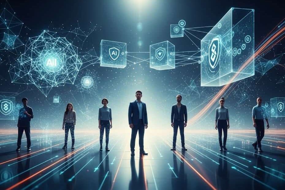 How Ai and Blockchain Integration intertwined with a futuristic platform where businesses are thriving.